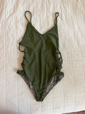 EUC ACACIA swimwear Olive Green w/ snakeskin reversible one piece